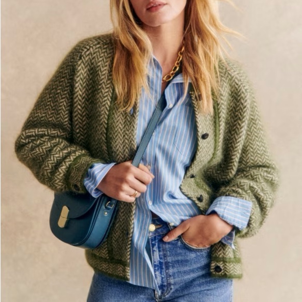Sézane Noah Jacket in Perfect Green Herringbone Wool Coat - Picture 2 of 5